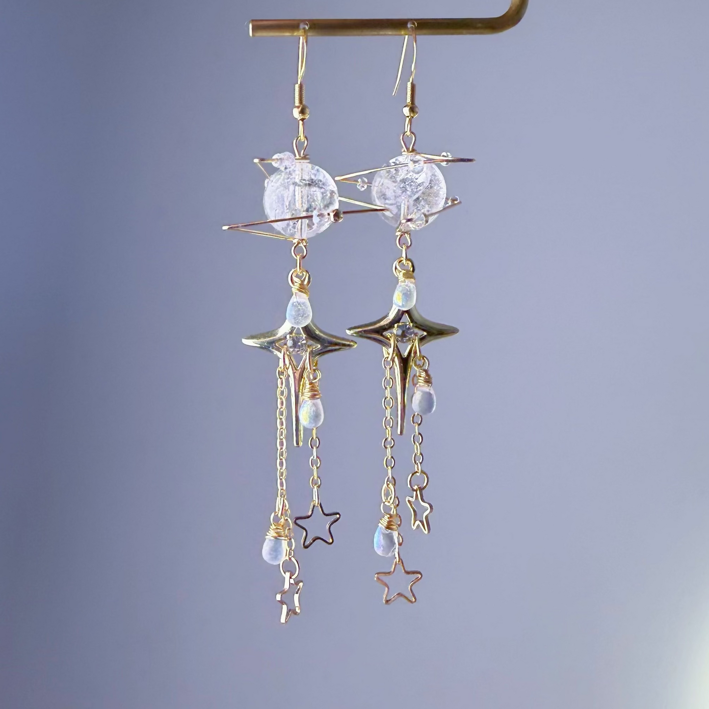 Handmade Azeztulite Quartz Planet with Gold Stars Celestial Drop Earrings