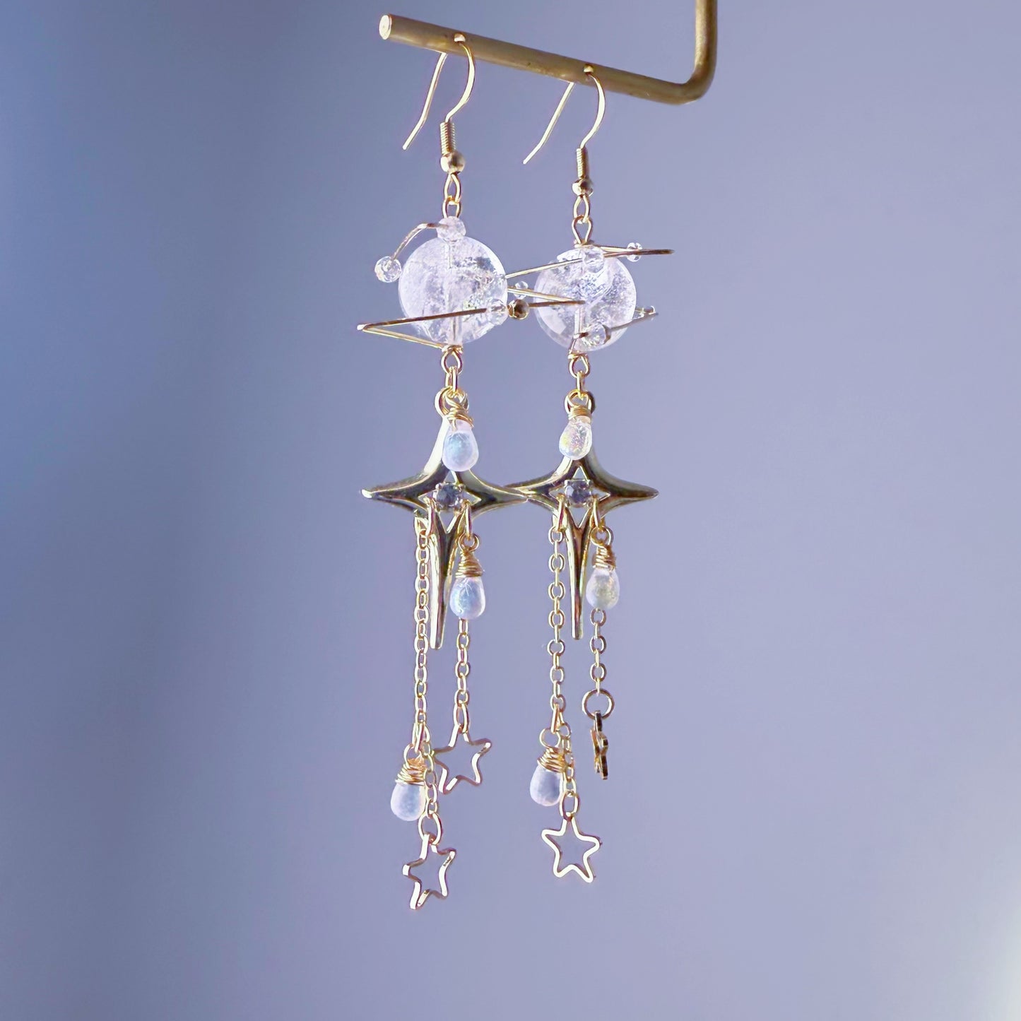 Handmade Azeztulite Quartz Planet with Gold Stars Celestial Drop Earrings
