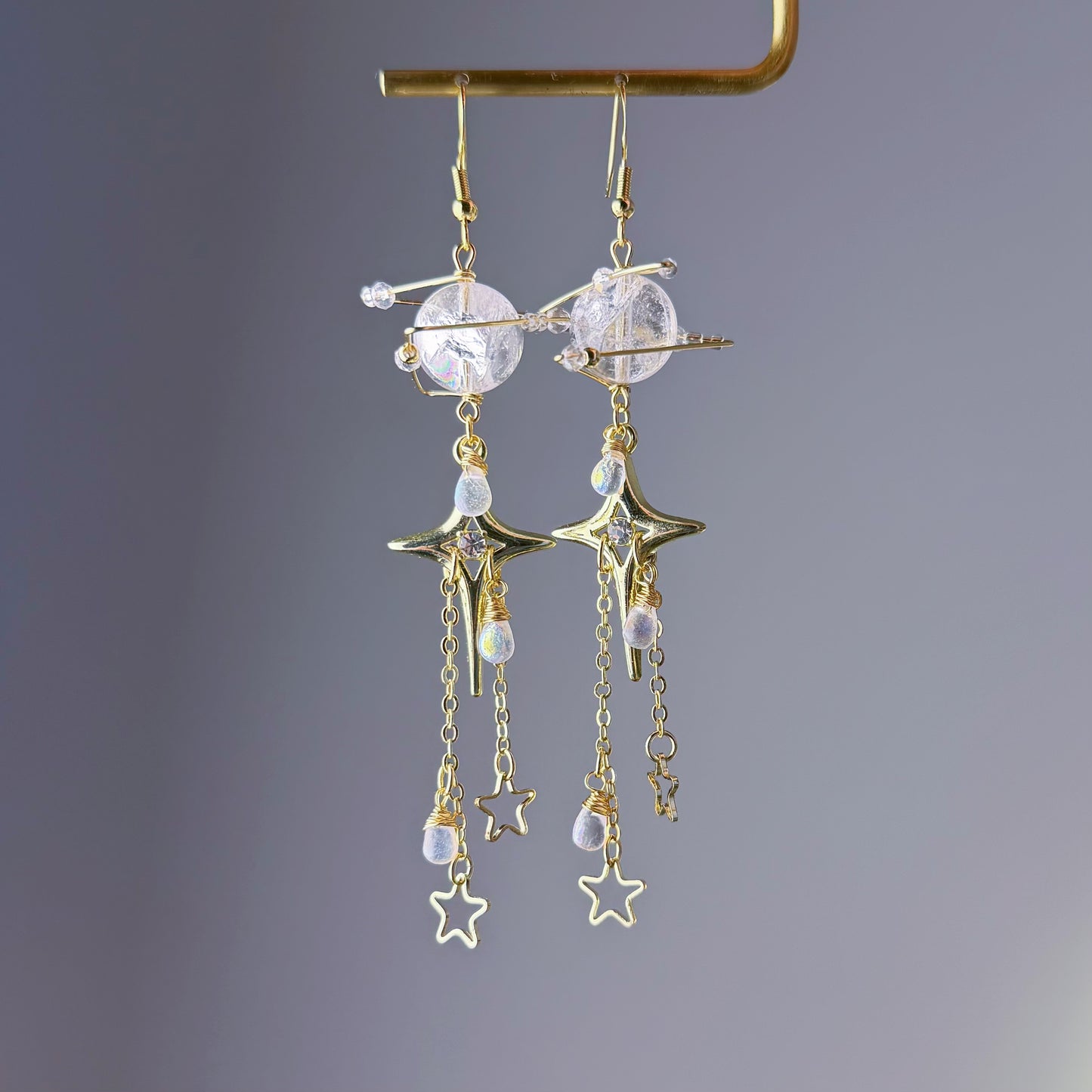 Handmade Azeztulite Quartz Planet with Gold Stars Celestial Drop Earrings