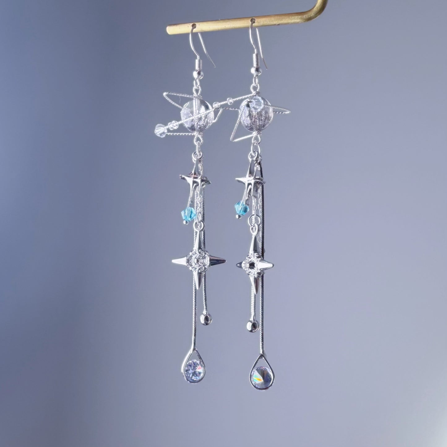 Quartz Crystal Planet with Falling Stars Silver Drop Earrings
