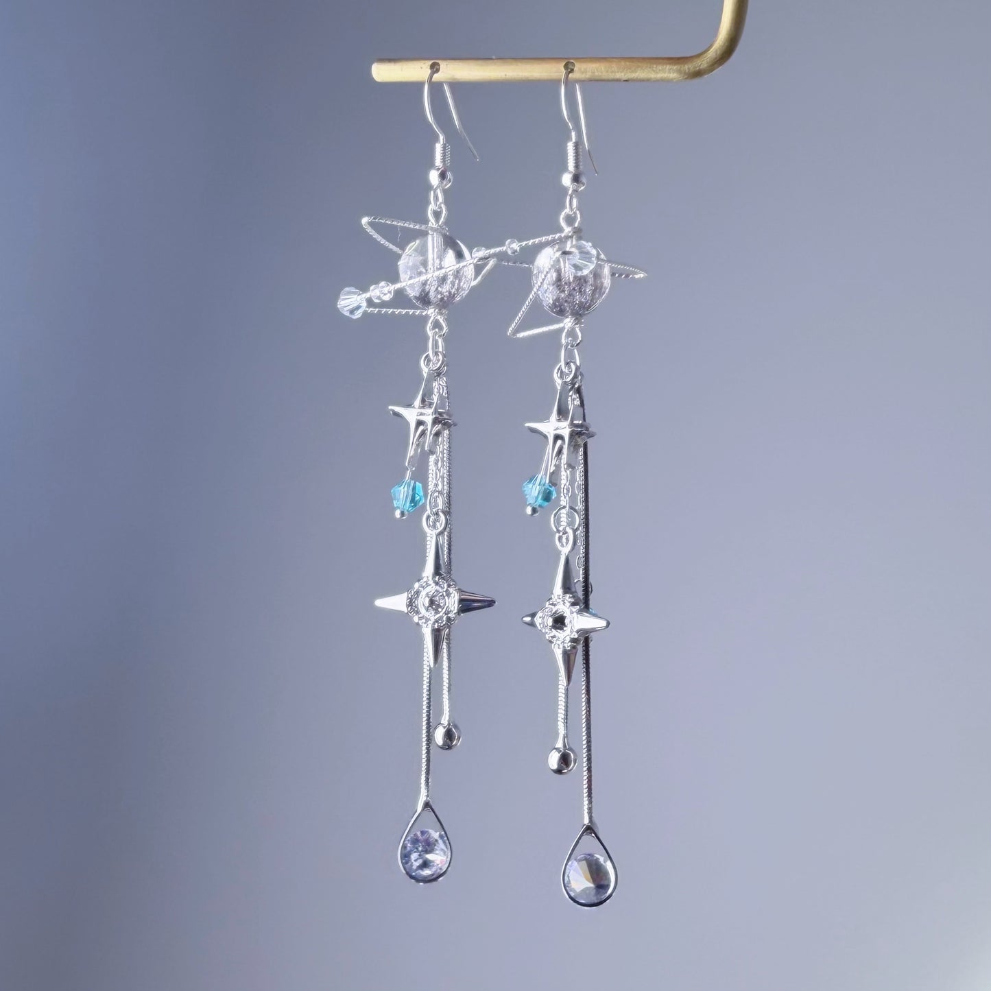 Quartz Crystal Planet with Falling Stars Silver Drop Earrings