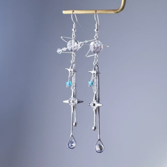Quartz Crystal Planet with Falling Stars Silver Drop Earrings