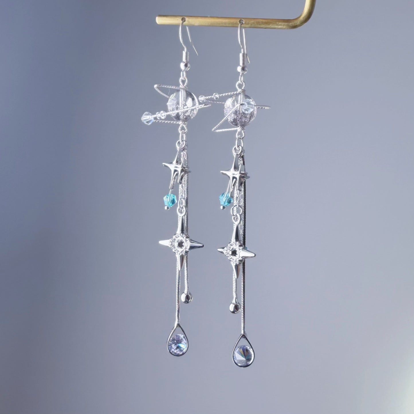 Quartz Crystal Planet with Falling Stars Silver Drop Earrings