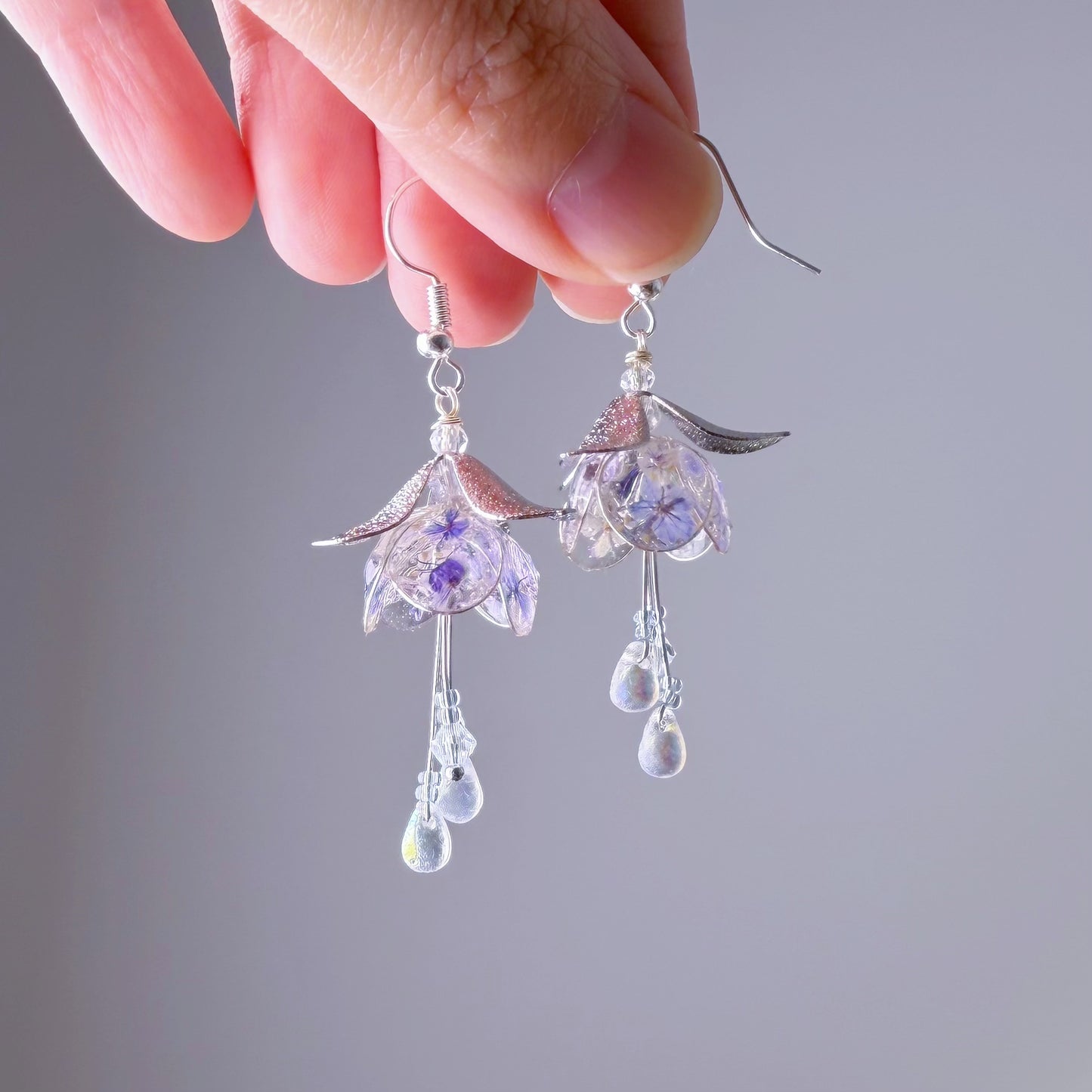 Handmade Blue Pressed Flowers in Fuchsia Flowers Silver Earrings