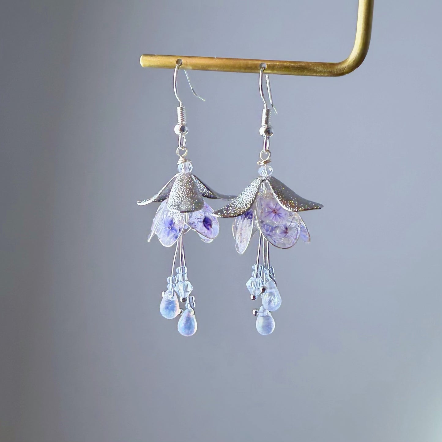 Handmade Blue Pressed Flowers in Fuchsia Flowers Silver Earrings