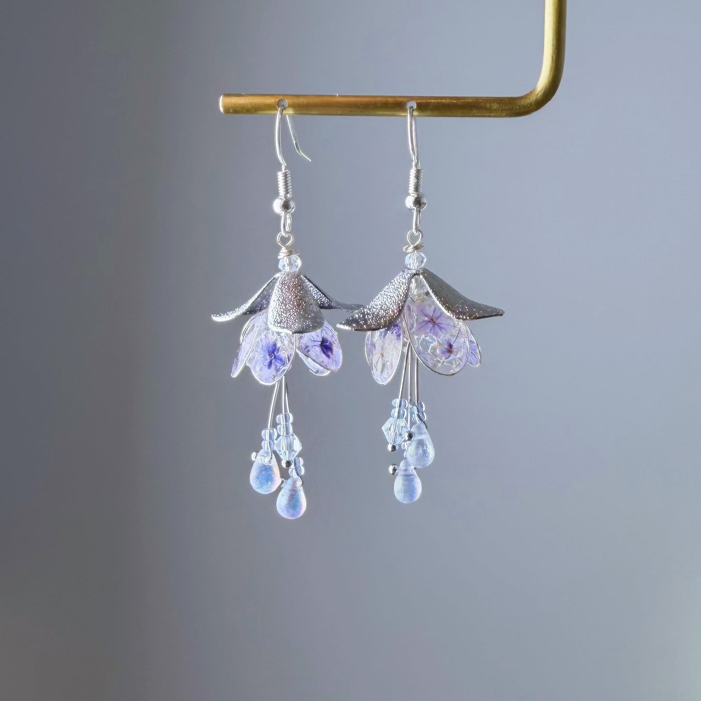 Handmade Blue Pressed Flowers in Fuchsia Flowers Silver Earrings