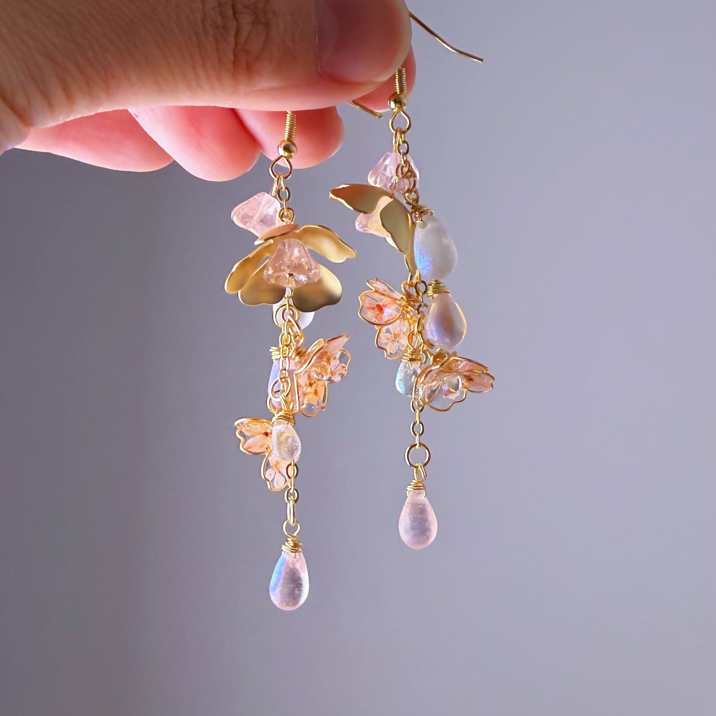 Handmade Pink Cherry Blossom Flowers in Rain Earrings