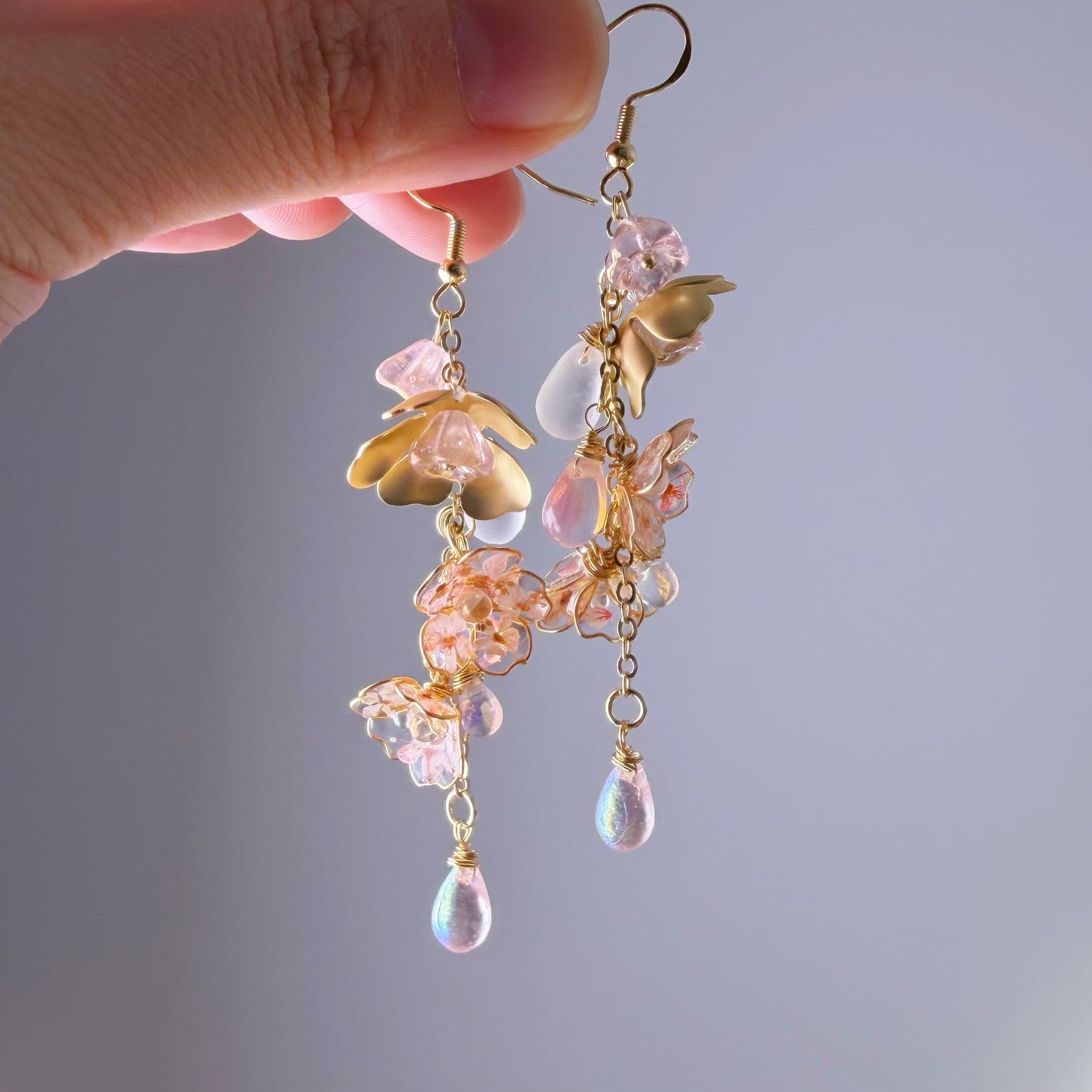 Handmade Pink Cherry Blossom Flowers in Rain Earrings