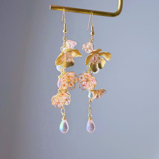 Handmade Pink Cherry Blossom Flowers in Rain Earrings