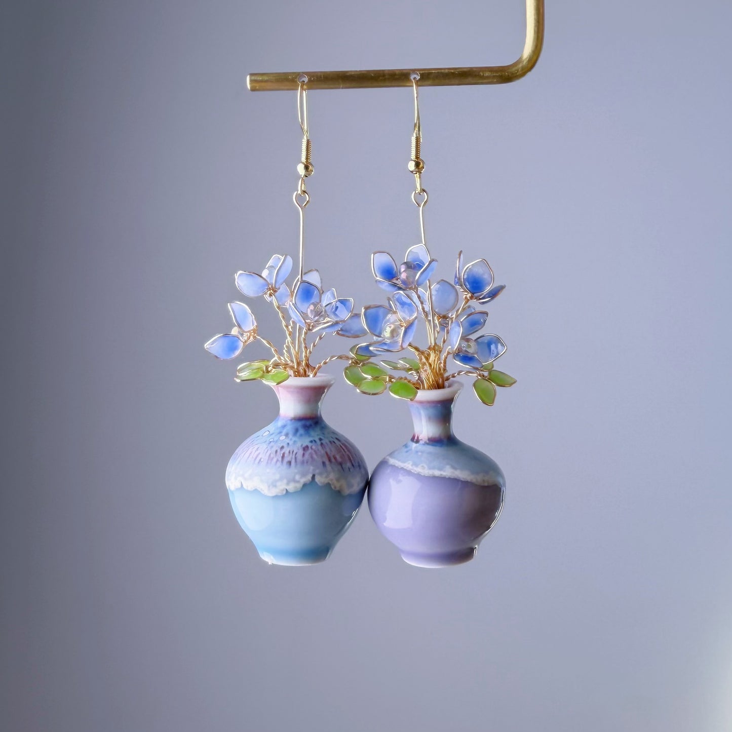 Handmade Blue Hydrangeas in Ceramic Vase Earrings