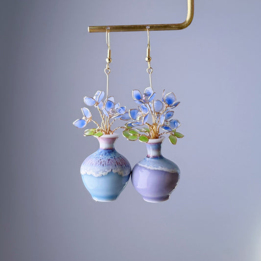 Handmade Blue Hydrangeas in Ceramic Vase Earrings