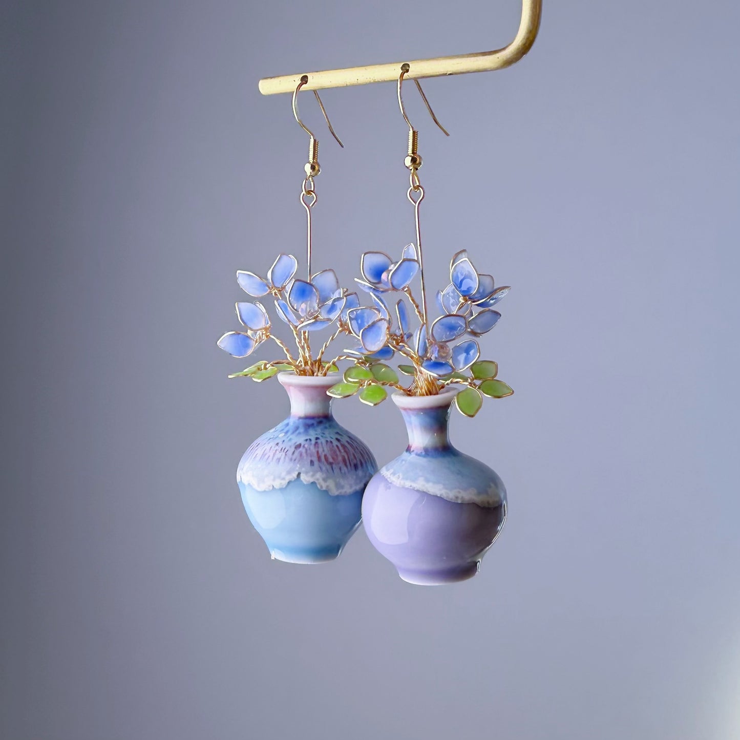 Handmade Blue Hydrangeas in Ceramic Vase Earrings
