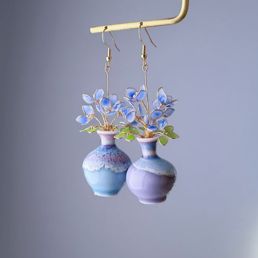 Handmade Blue Hydrangeas in Ceramic Vase Earrings
