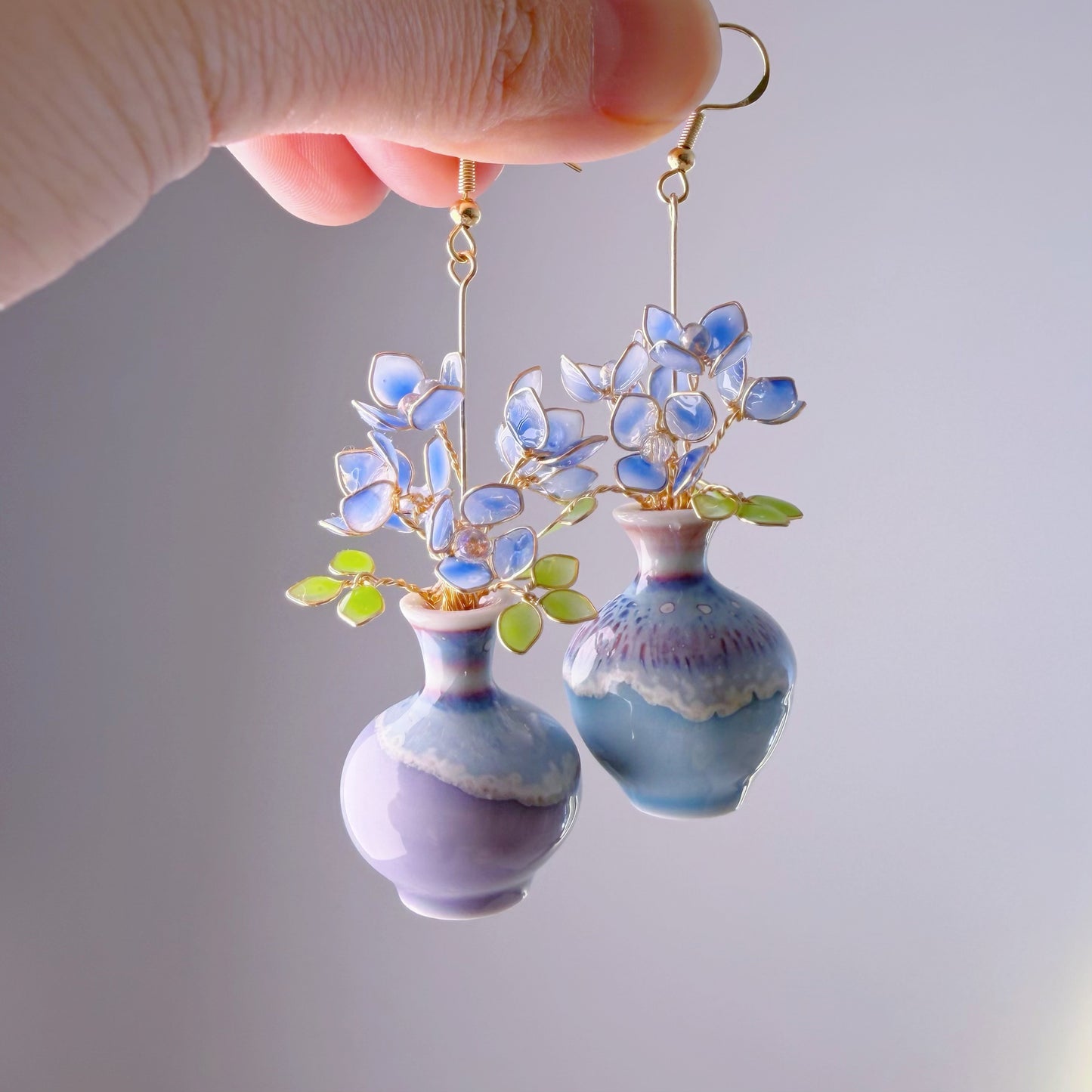 Handmade Blue Hydrangeas in Ceramic Vase Earrings