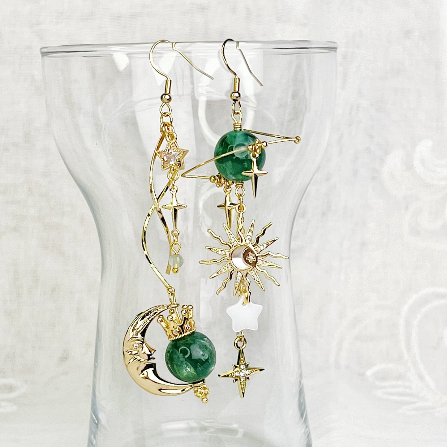 Emerald Green Lepidolite Planet Crown Moon and Sun Earrings-Ninaouity