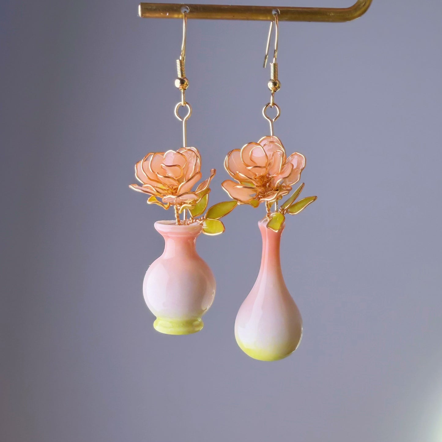 Handmade Pink Peach Roses in Vase Earrings