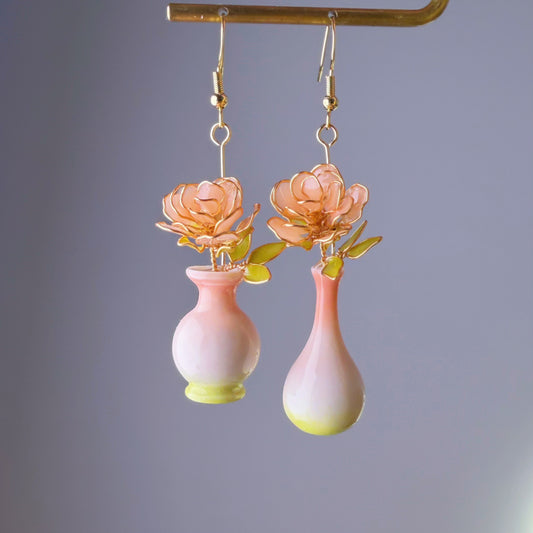 Handmade Pink Peach Roses in Vase Earrings