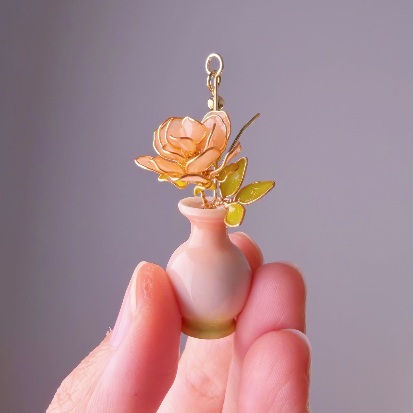 Handmade Pink Peach Roses in Vase Earrings