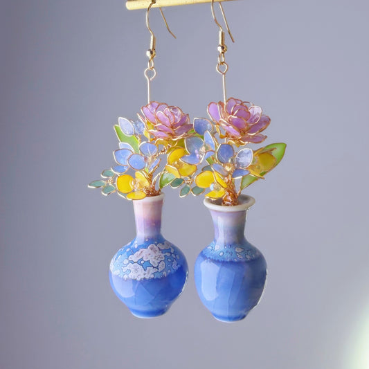 Handmade Purple Roses Hydrangeas and Daffodil in Ceramic Vase Earrings