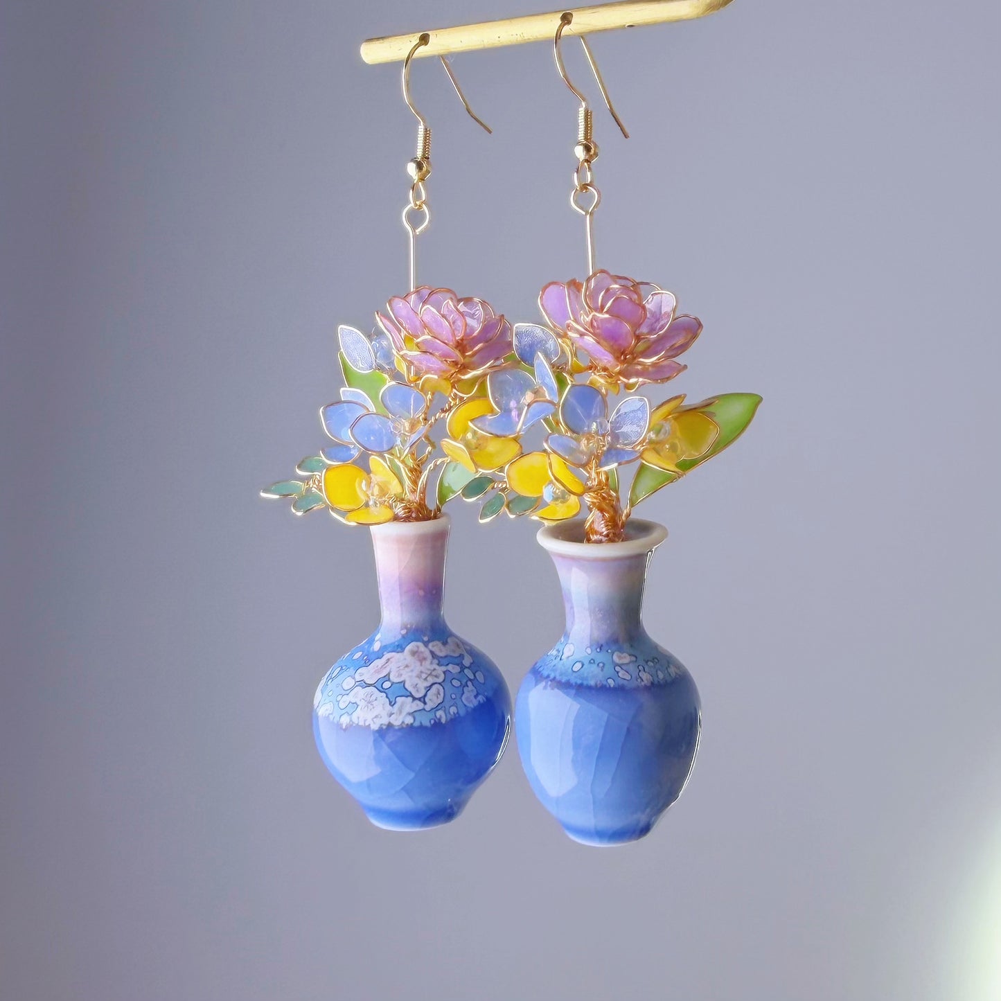 Handmade Purple Roses Hydrangeas and Daffodil in Ceramic Vase Earrings