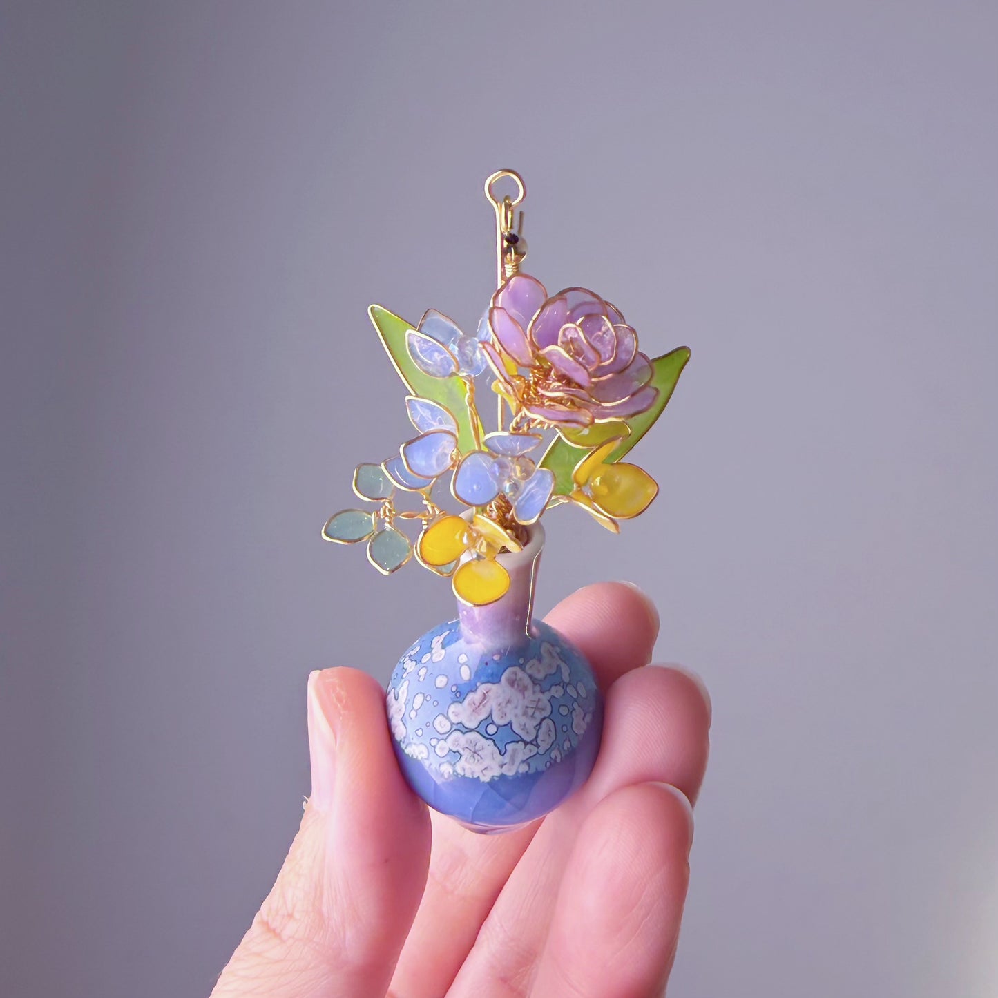 Handmade Purple Roses Hydrangeas and Daffodil in Ceramic Vase Earrings