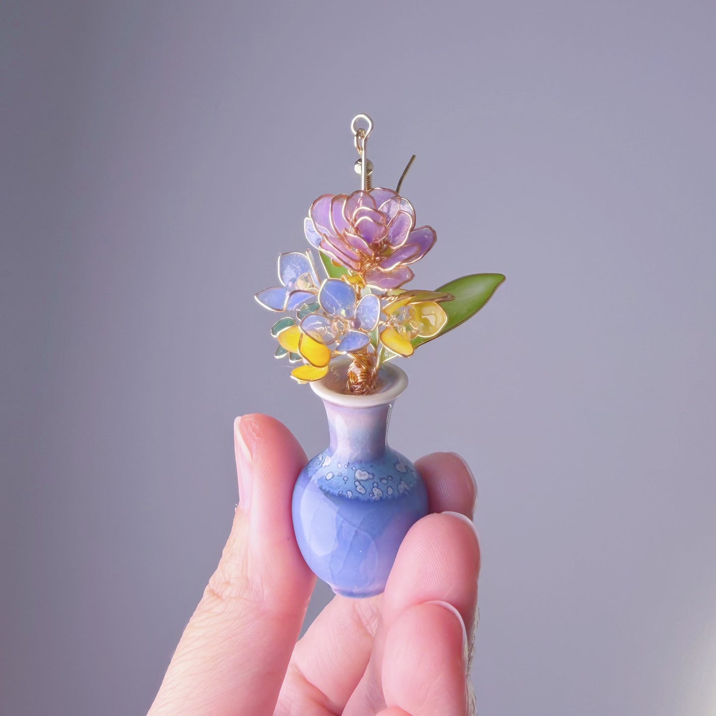 Handmade Purple Roses Hydrangeas and Daffodil in Ceramic Vase Earrings