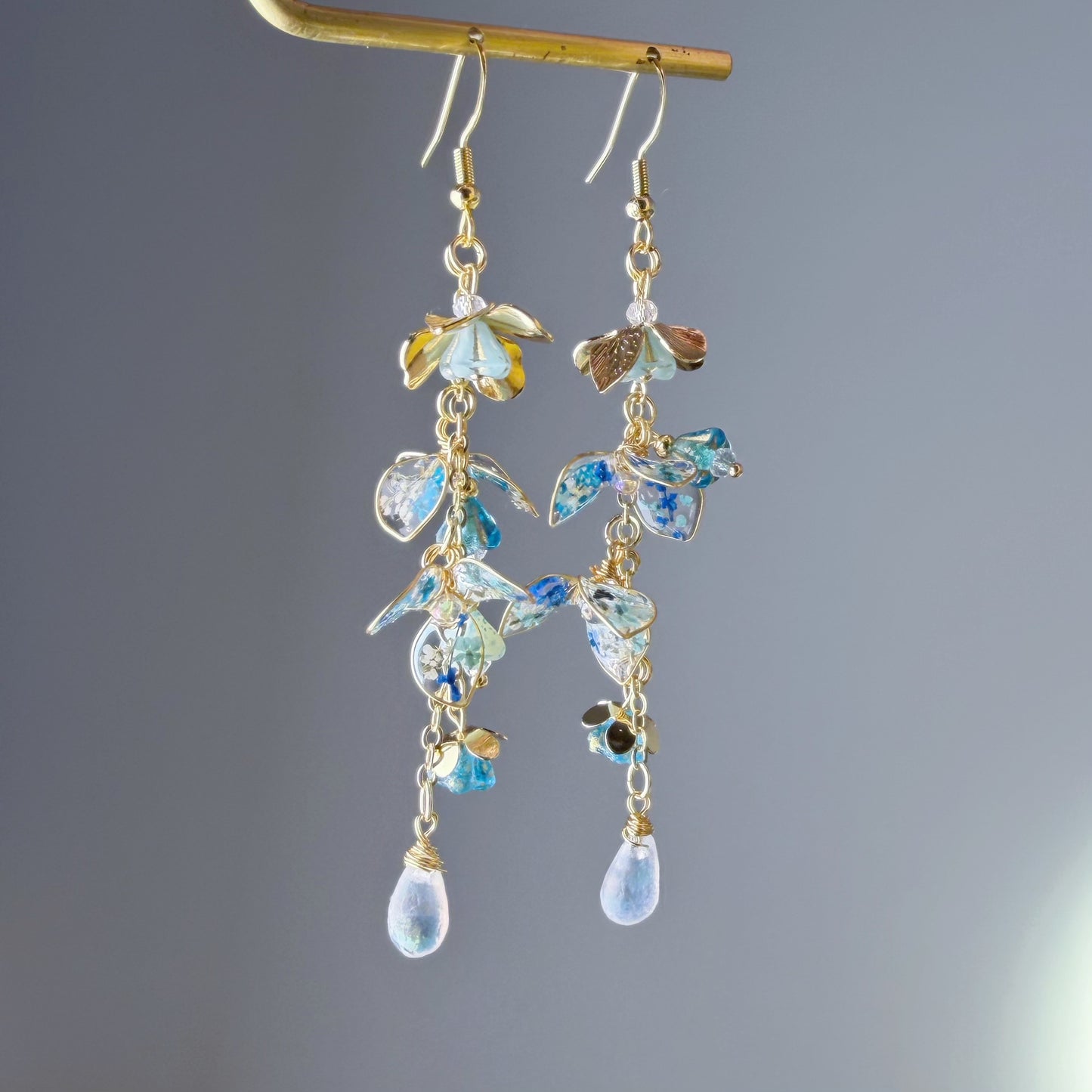 Handmade Blue Pressed Flowers Hydrangeas in Rain Earrings