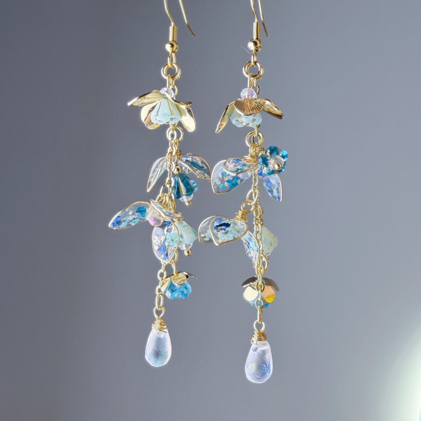 Handmade Blue Pressed Flowers Hydrangeas in Rain Earrings