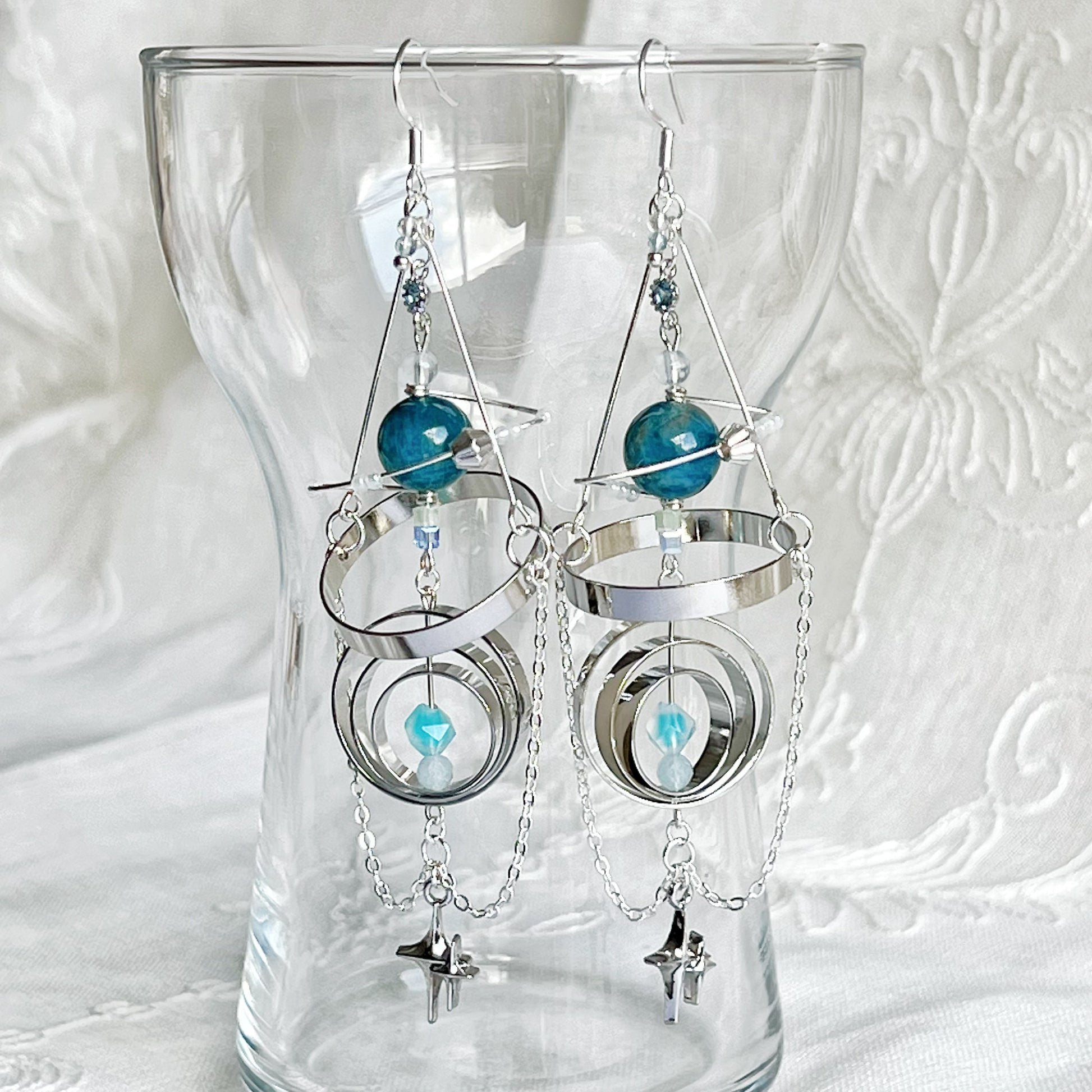 Silver Solar System Blue Apatite Planet Earrings-Ninaouity