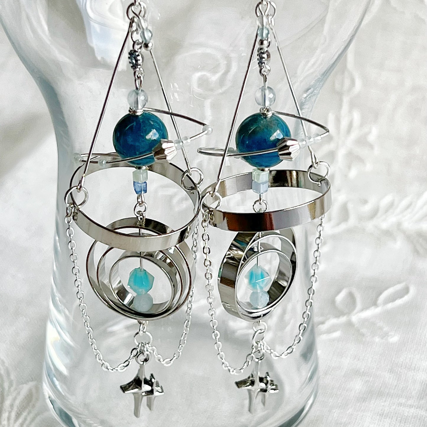 Silver Solar System Blue Apatite Planet Earrings-Ninaouity