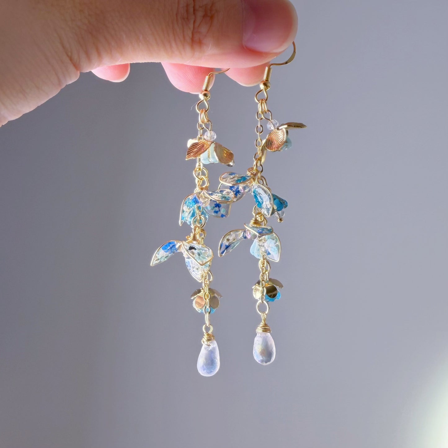 Handmade Blue Pressed Flowers Hydrangeas in Rain Earrings