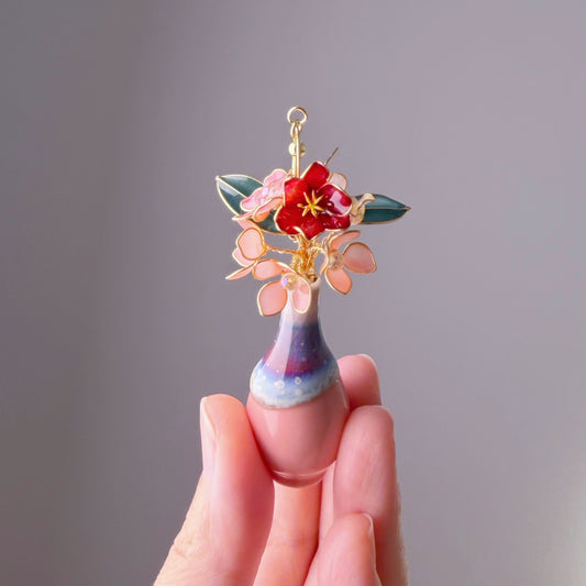 Handmade Red Camellia and Pink Hydrangeas in Ceramic Vase Earrings
