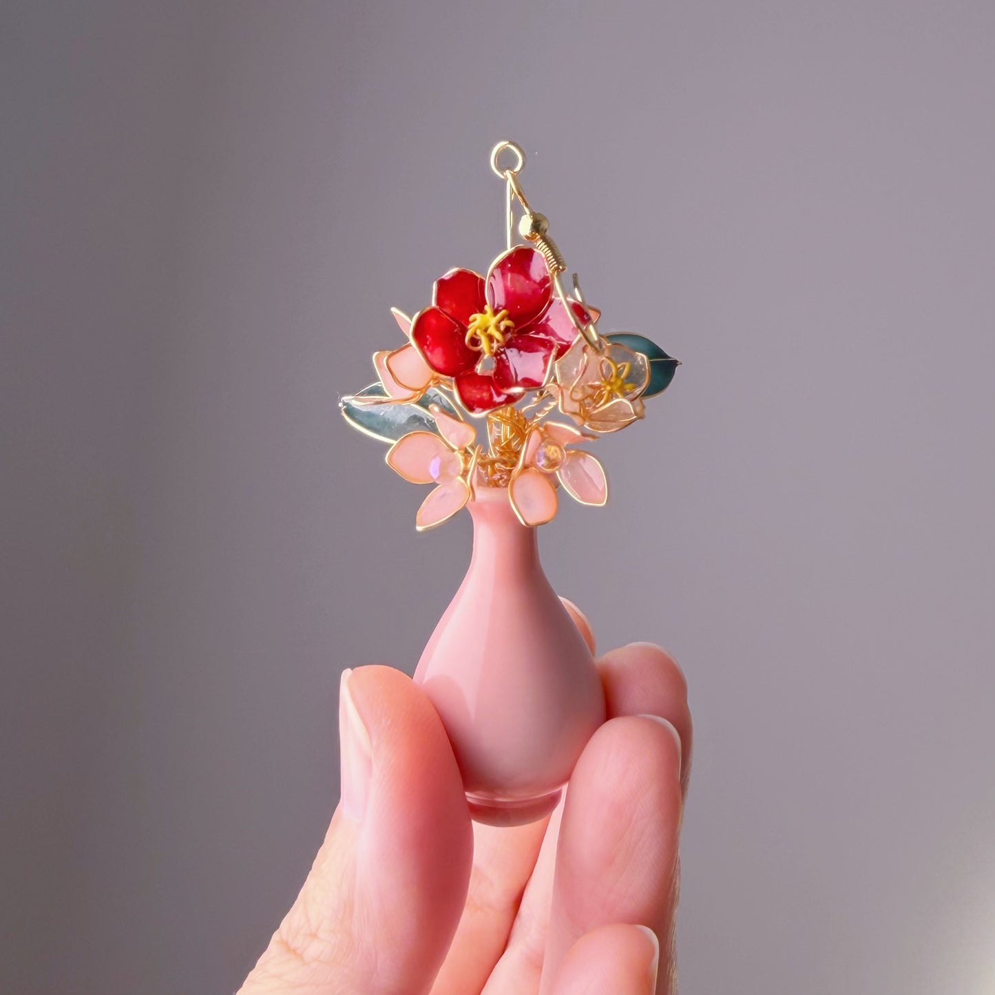 Handmade Red Camellia and Pink Hydrangeas in Ceramic Vase Earrings