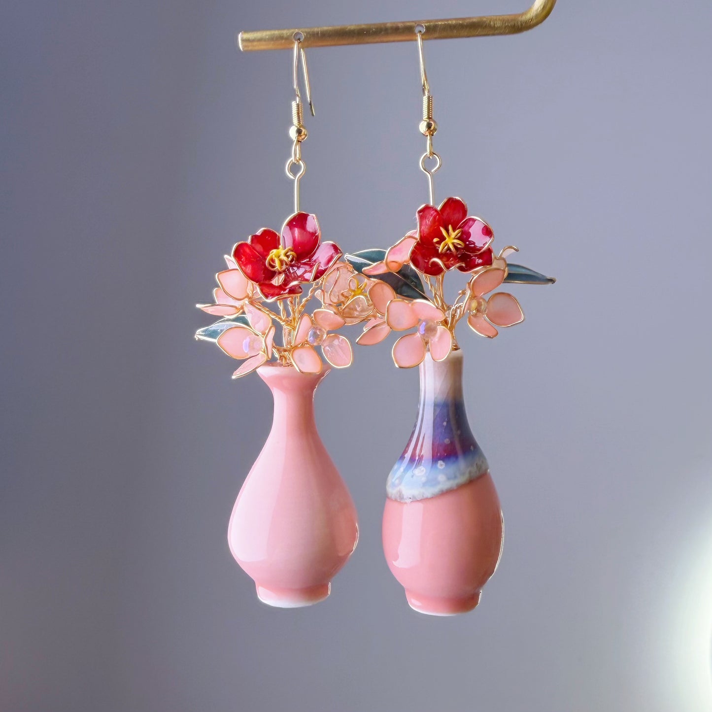 Handmade Red Camellia and Pink Hydrangeas in Ceramic Vase Earrings