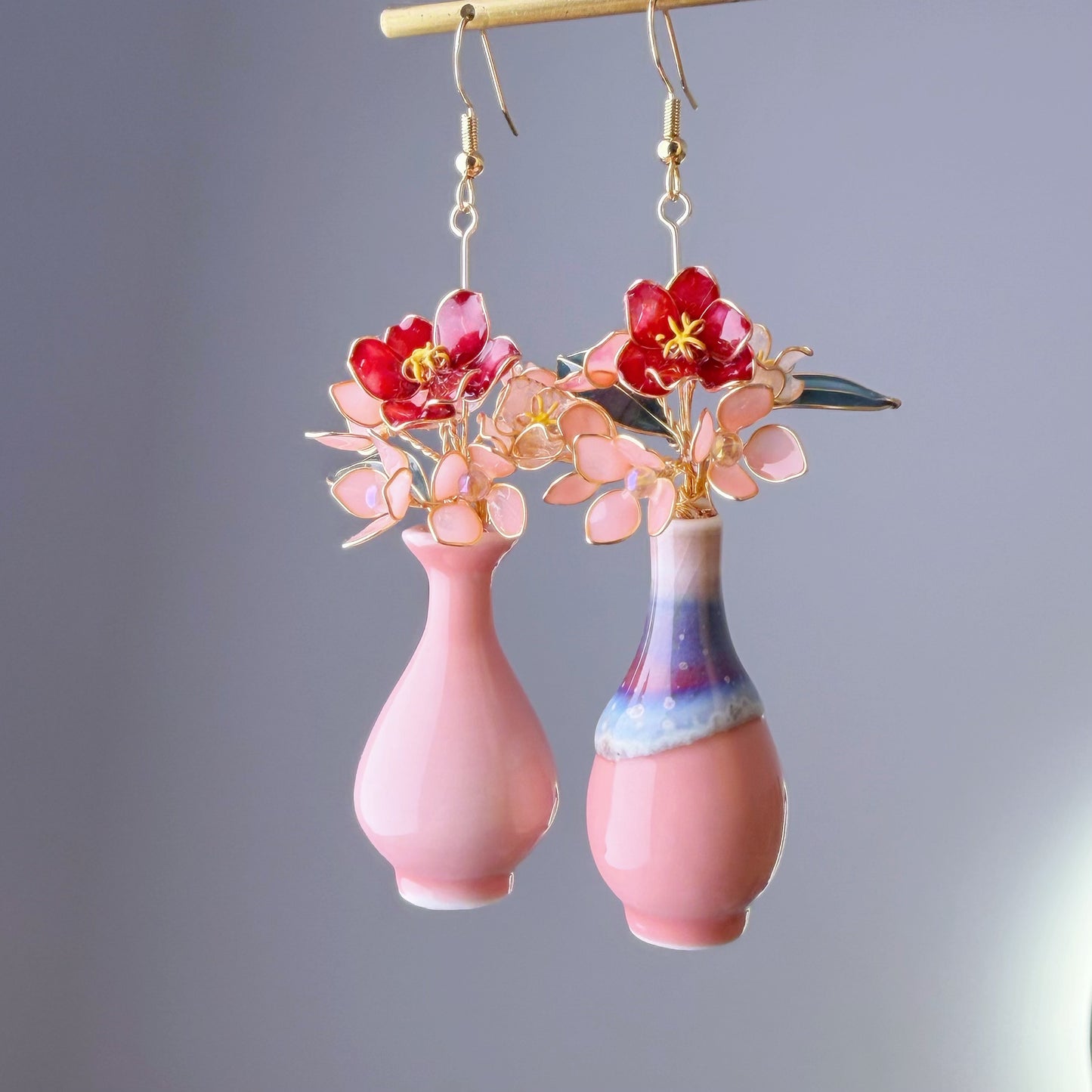 Handmade Red Camellia and Pink Hydrangeas in Ceramic Vase Earrings