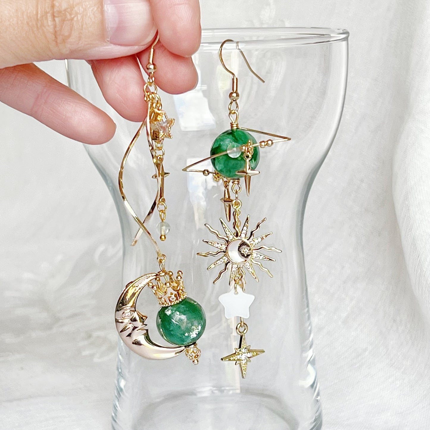 Emerald Green Lepidolite Planet Crown Moon and Sun Earrings-Ninaouity