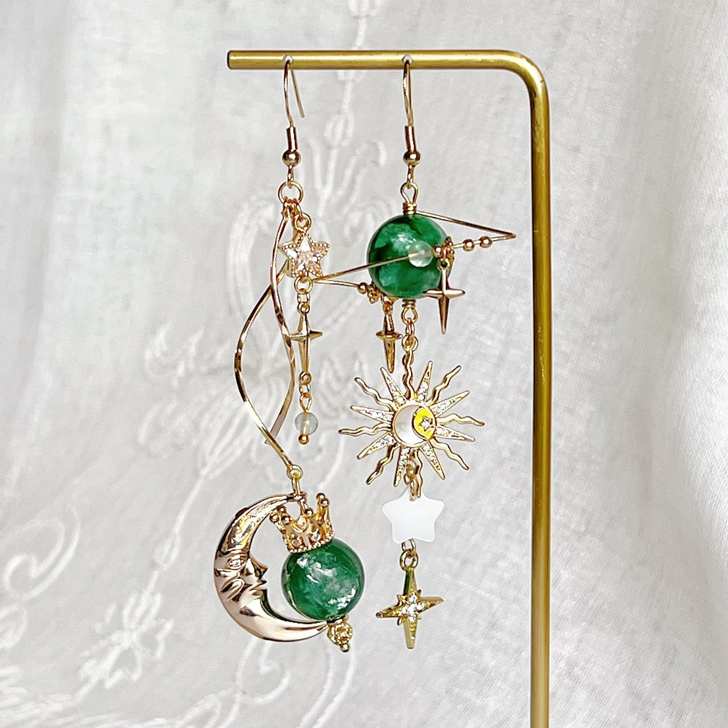 Emerald Green Lepidolite Planet Crown Moon and Sun Earrings-Ninaouity