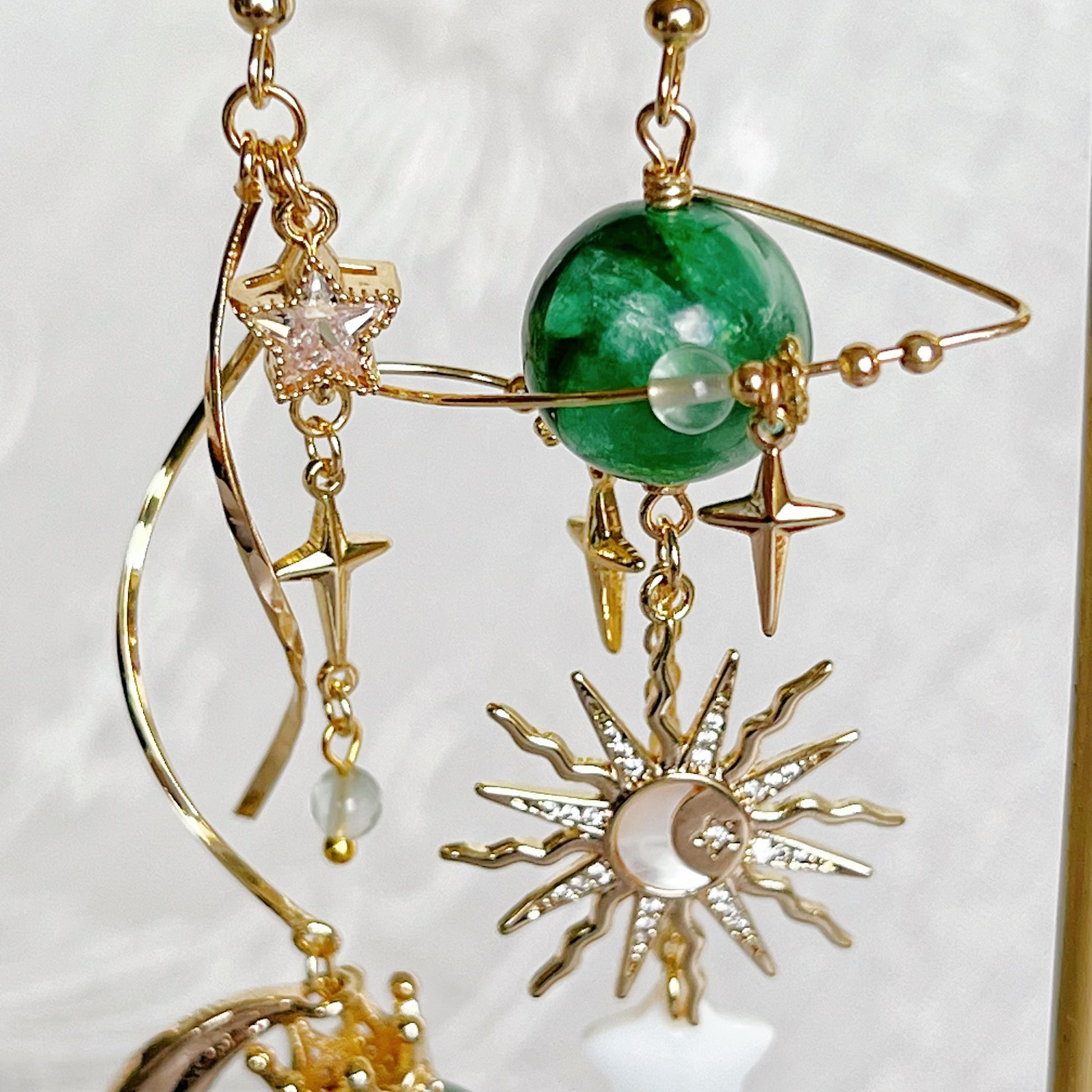 Emerald Green Lepidolite Planet Crown Moon and Sun Earrings-Ninaouity