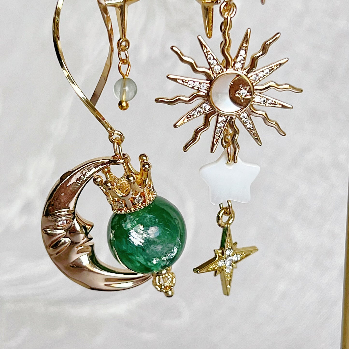 Emerald Green Lepidolite Planet Crown Moon and Sun Earrings-Ninaouity