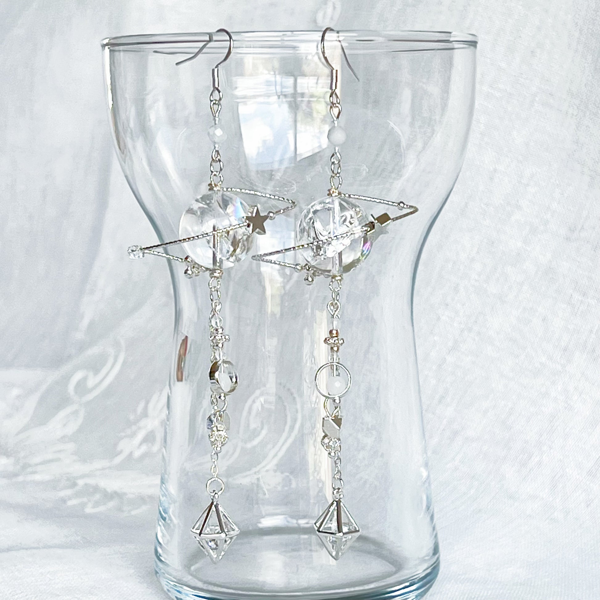 Silver Azeztulite Quartz Planet Drop Earrings-Ninaouity