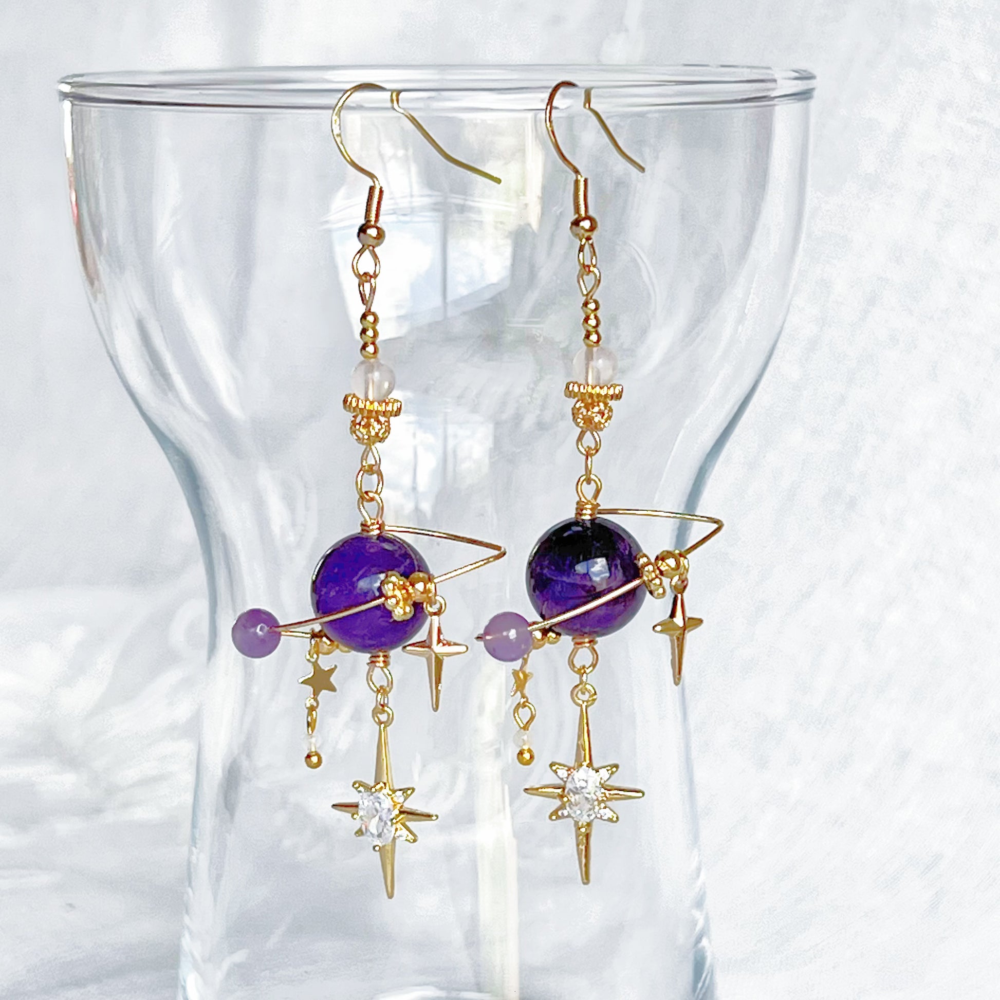 Uruguay Amethyst Planet and Pole Star Earrings-Ninaouity