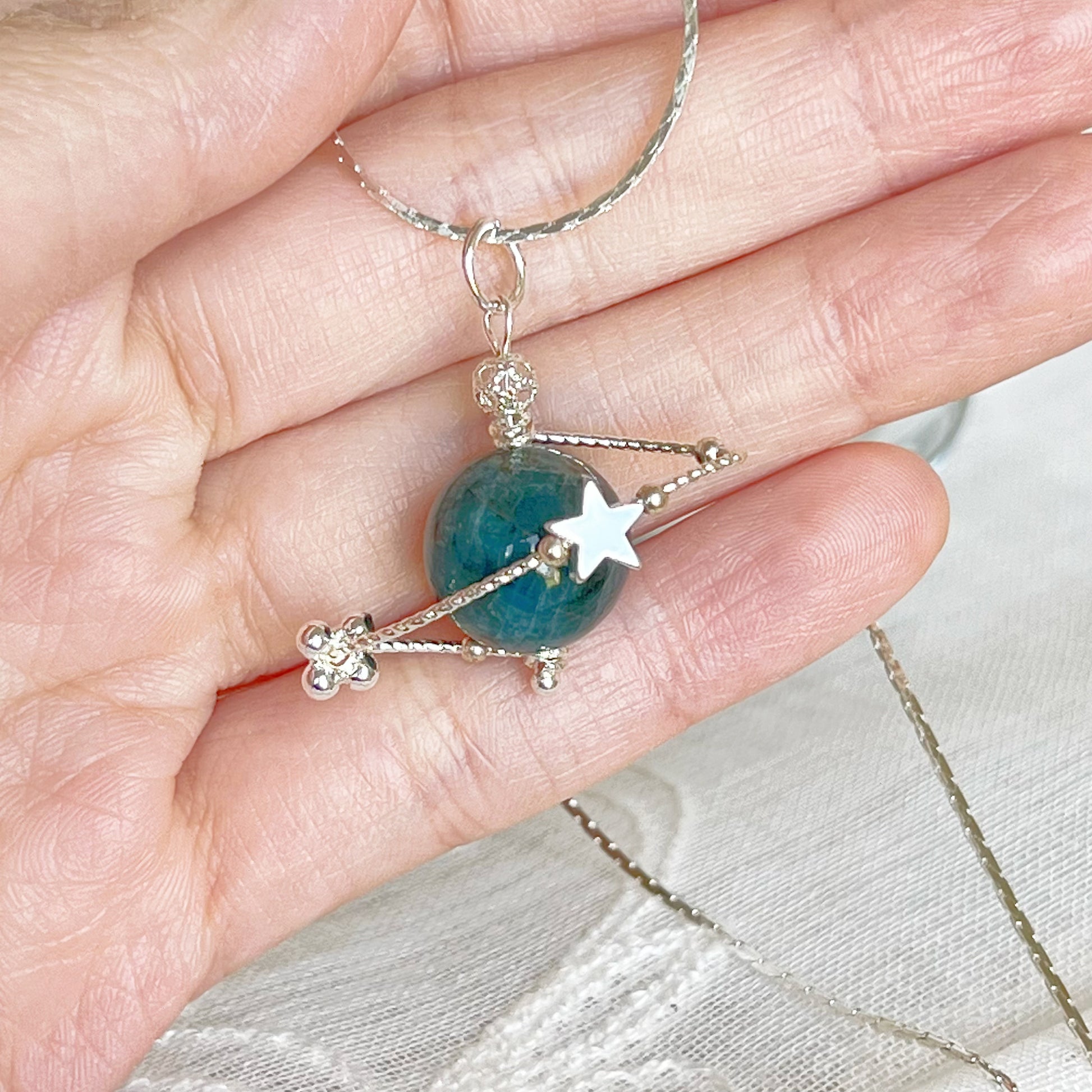 Silver Apatite Crystal Planet Pendant Necklace-Ninaouity