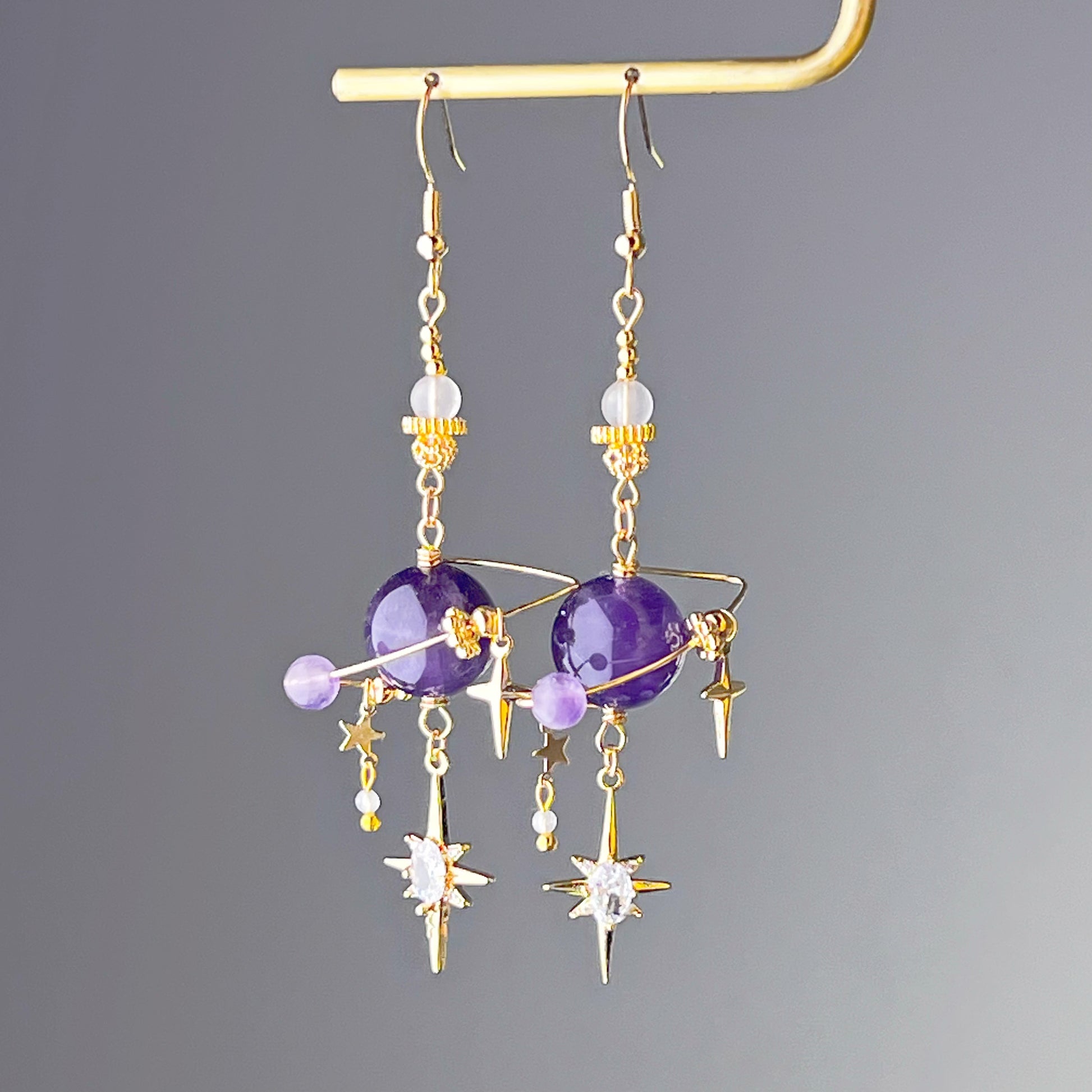 Uruguay Amethyst Planet and Pole Star Earrings-Ninaouity