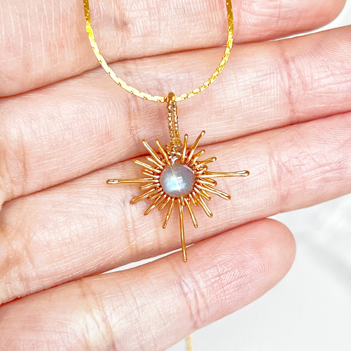 Blue Moonstone Gold Sun Pendant Necklace-Ninaouity