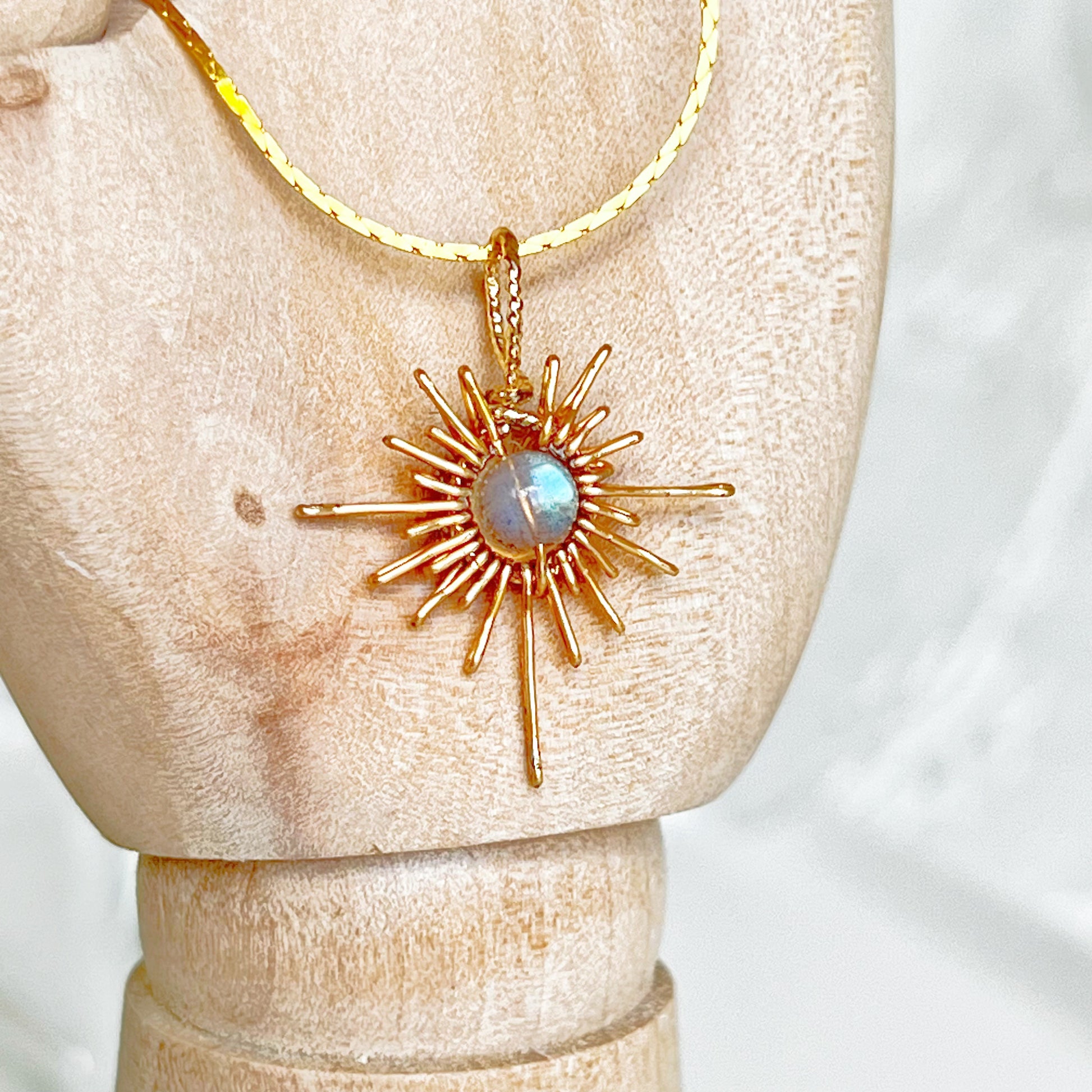 Blue Moonstone Gold Sun Pendant Necklace-Ninaouity