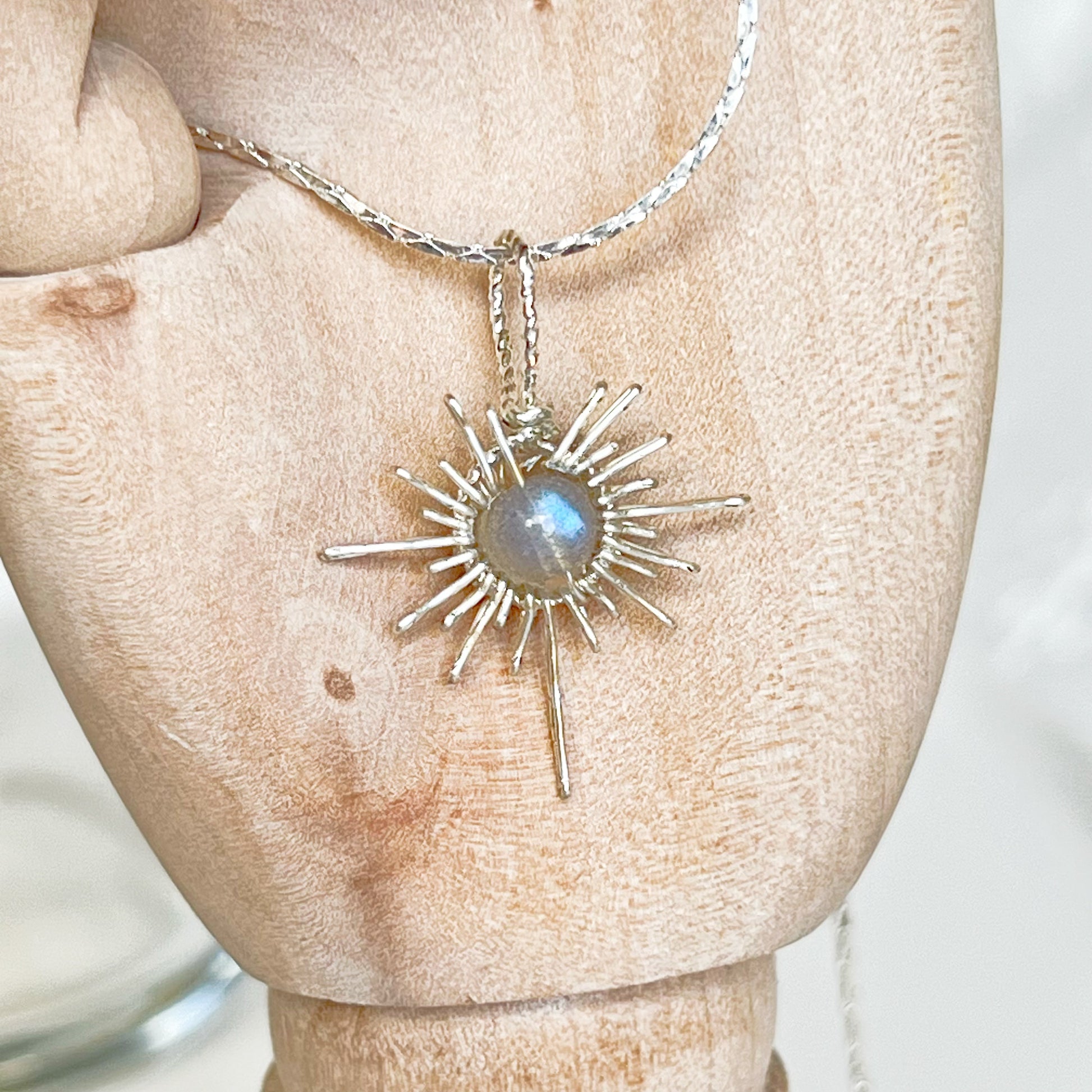 Blue Moonstone Silver Sun Pendant Necklace-Ninaouity
