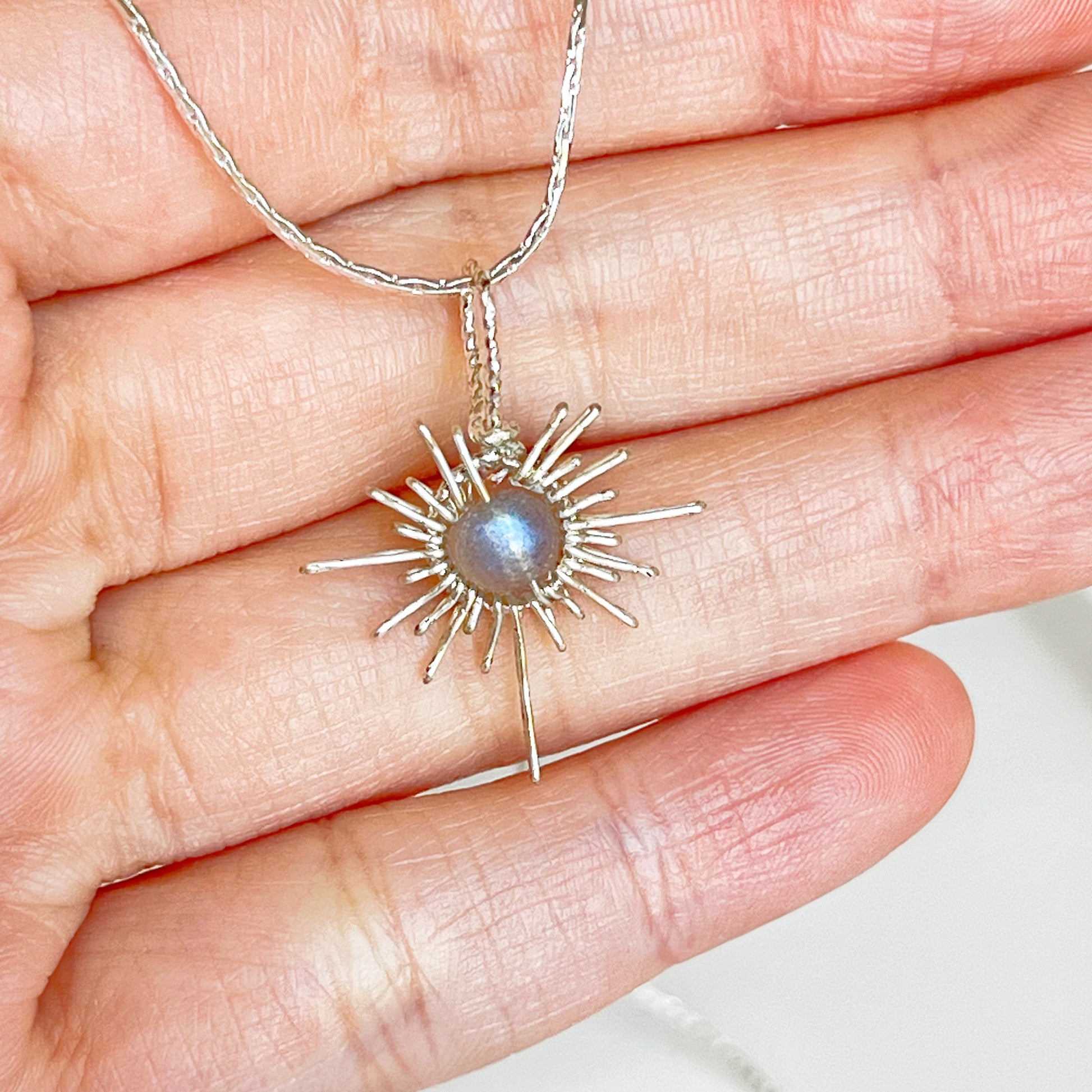 Blue Moonstone Silver Sun Pendant Necklace-Ninaouity