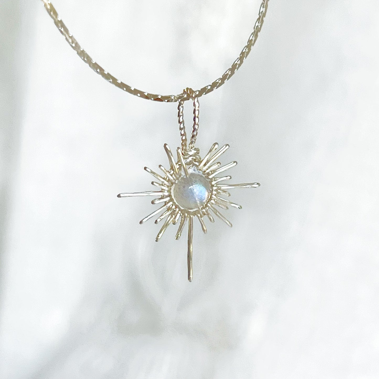 Blue Moonstone Silver Sun Pendant Necklace-Ninaouity