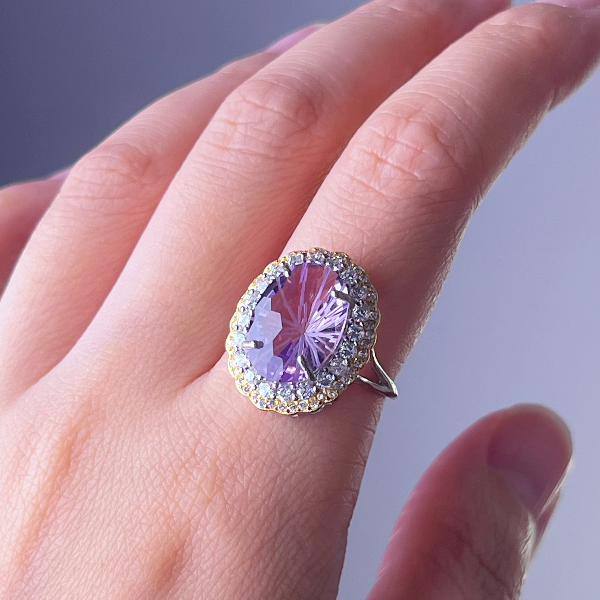 Amethyst Firework Oval Cut Silver and Gold Statement Ring-Ninaouity