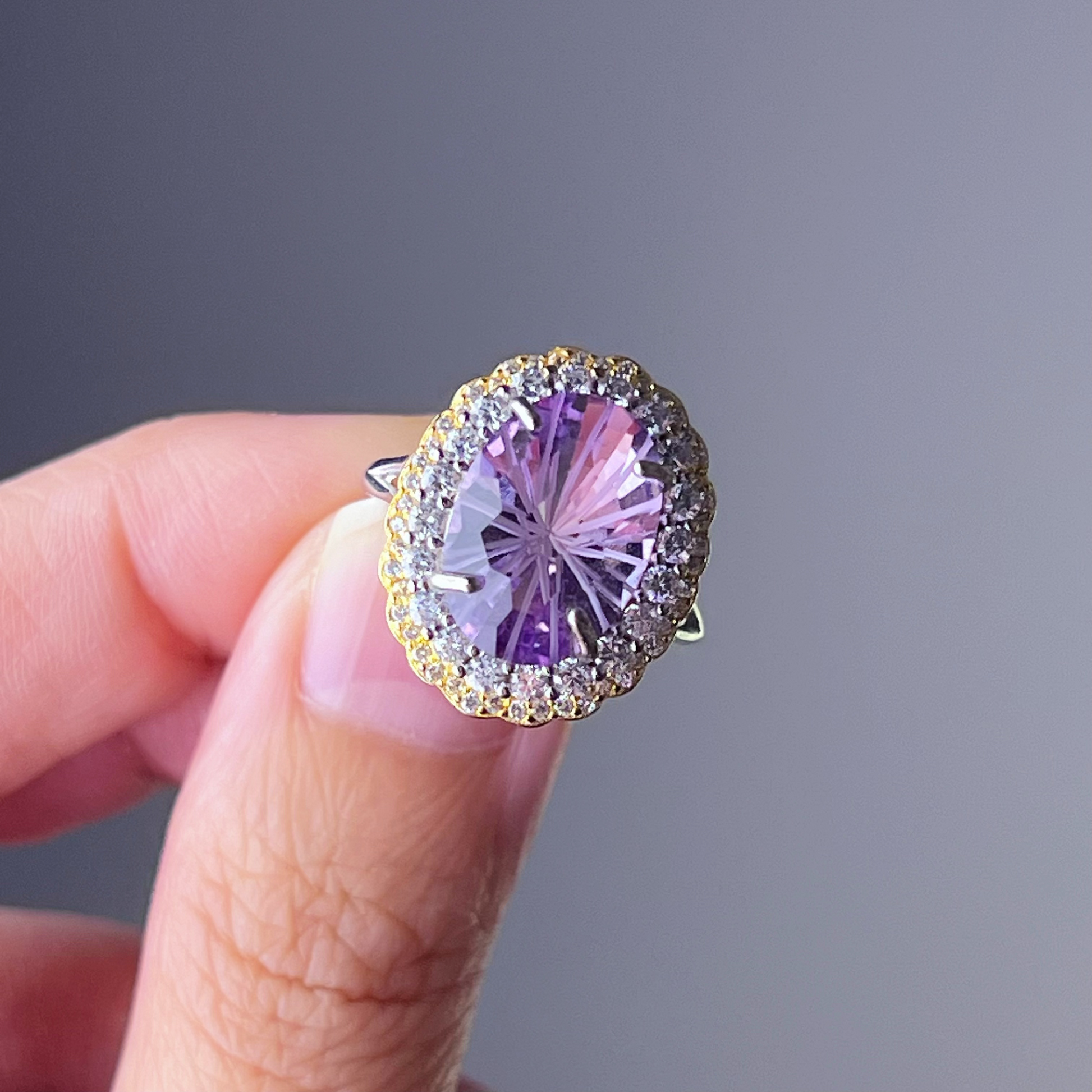 Amethyst Firework Oval Cut Silver and Gold Statement Ring-Ninaouity